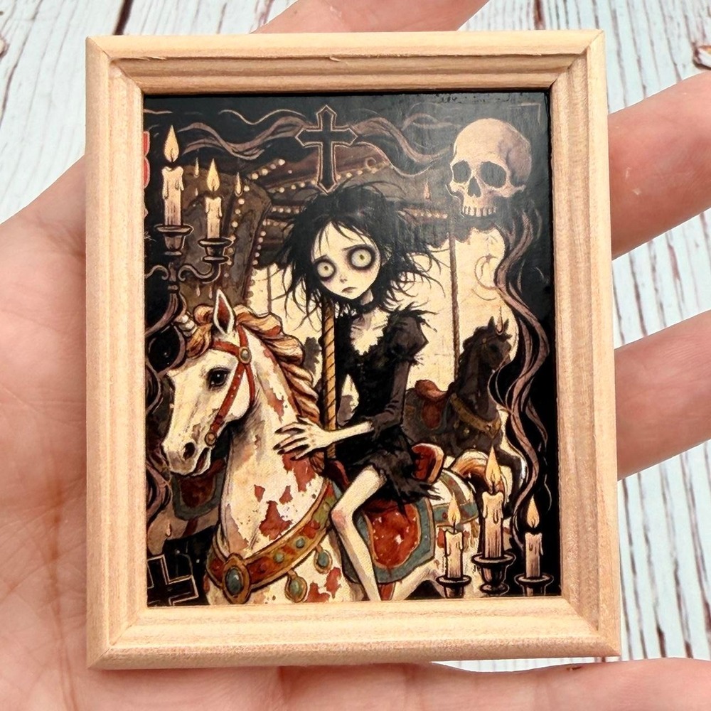 Gothic Girl Carousel Miniature Framed Art Magnet Skull Candles Dark Aesthetic